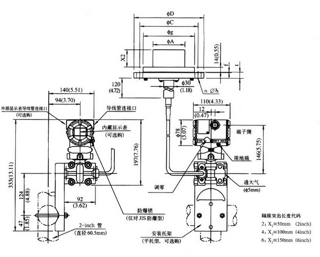 进口隔膜密封式远传压力变送器尺寸图